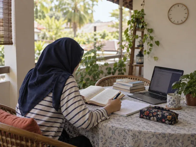 Pelajar membaca buku terbuka dan membuat catatan