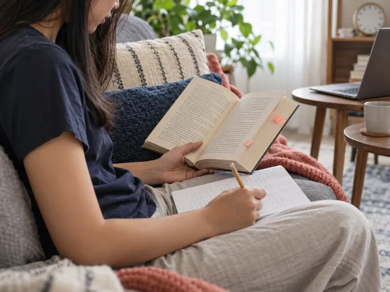 Student reading an open book and annotating notes