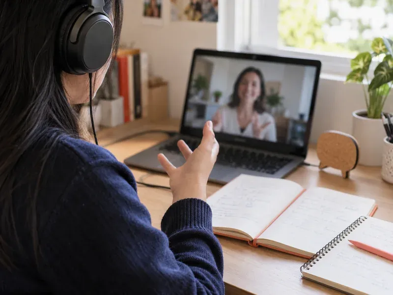Student wearing headphones gesturing during an online lesson with a smiling tutor on a laptop, notebooks beside