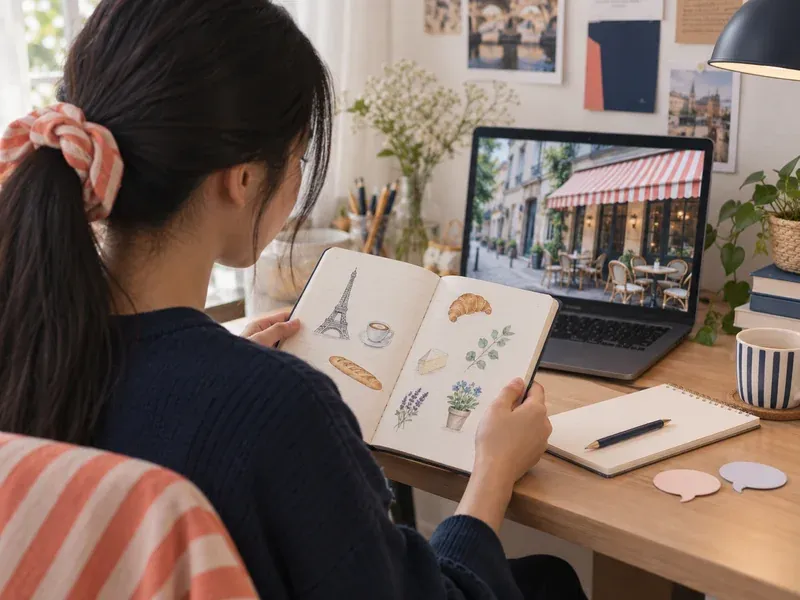 Student holding speech bubble cards beside a laptop showing a Parisian cafe, with postcards and notebook on desk