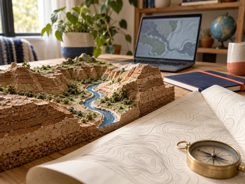 Terrain model with a river valley, topographic map and compass beside a laptop showing a map
