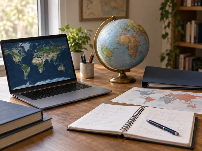 Globe, binder, world map and open notebook with pen on a desk beside a laptop showing a world map
