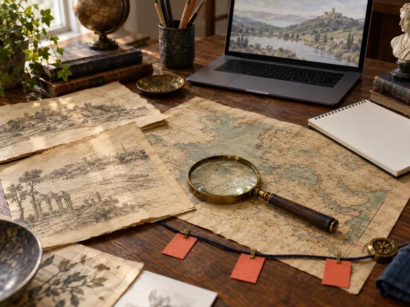 Old maps, historical sketches and a magnifying glass on a desk beside a laptop showing a hilltop castle