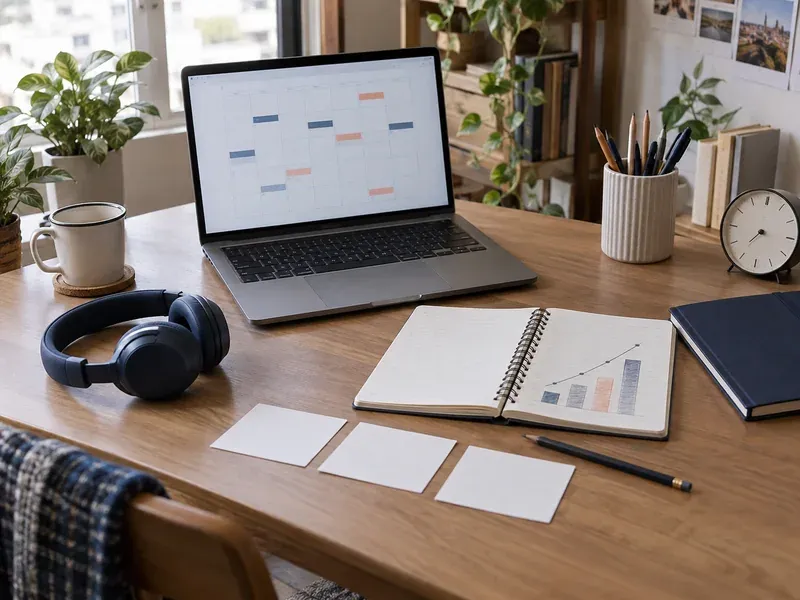 Laptop, notebook and progress chart arranged on a study desk