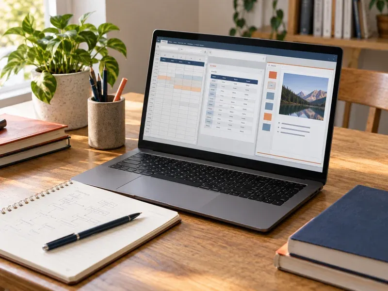 Laptop showing spreadsheet, database and presentation windows beside a notebook with a pen and stacked books