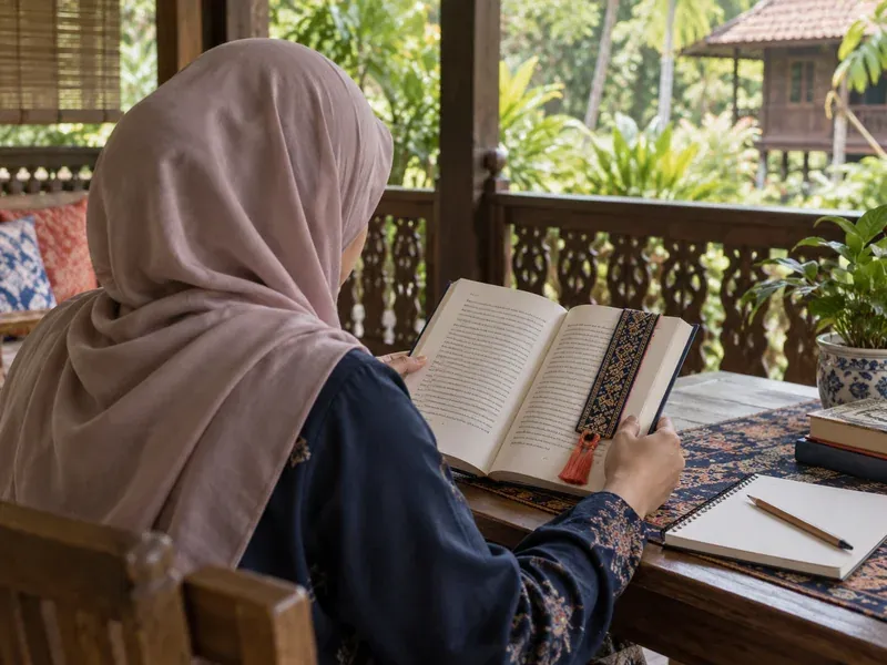 Pelajar membaca buku di beranda rumah kayu, dengan buku nota dan pensel di atas meja