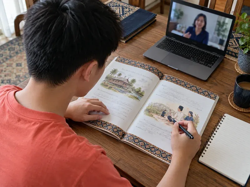 Student writing in an open illustrated book during an online lesson with a tutor shown on a laptop