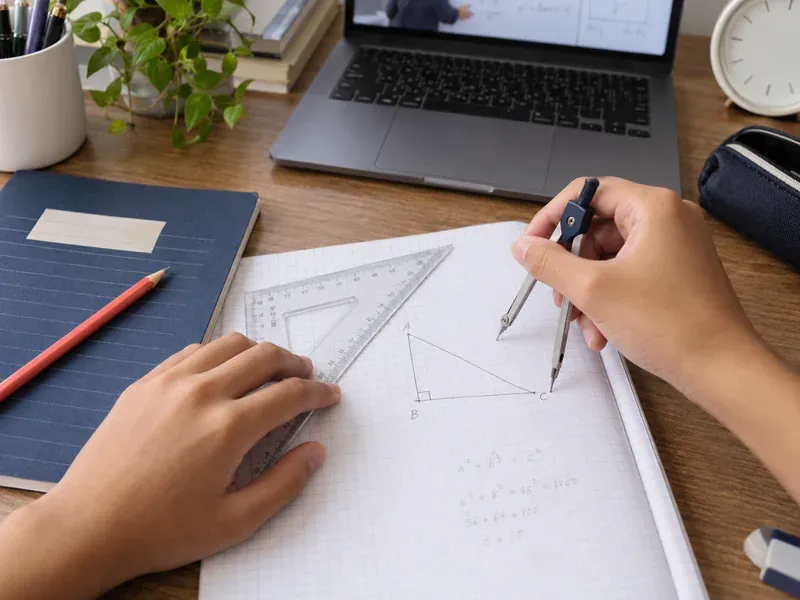Student drawing a triangle with geometry tools on squared paper