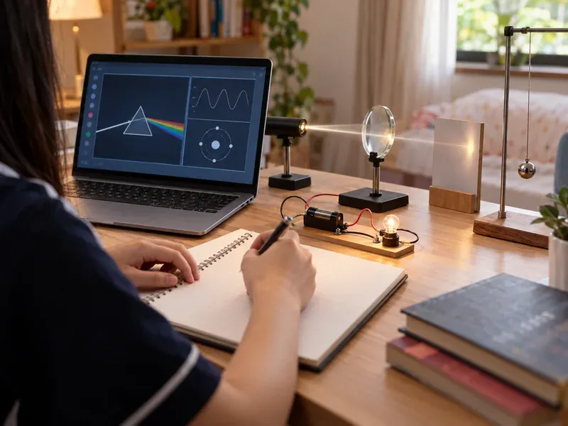 Student writing notes beside a bulb circuit, lens, pendulum and a laptop showing a prism diagram