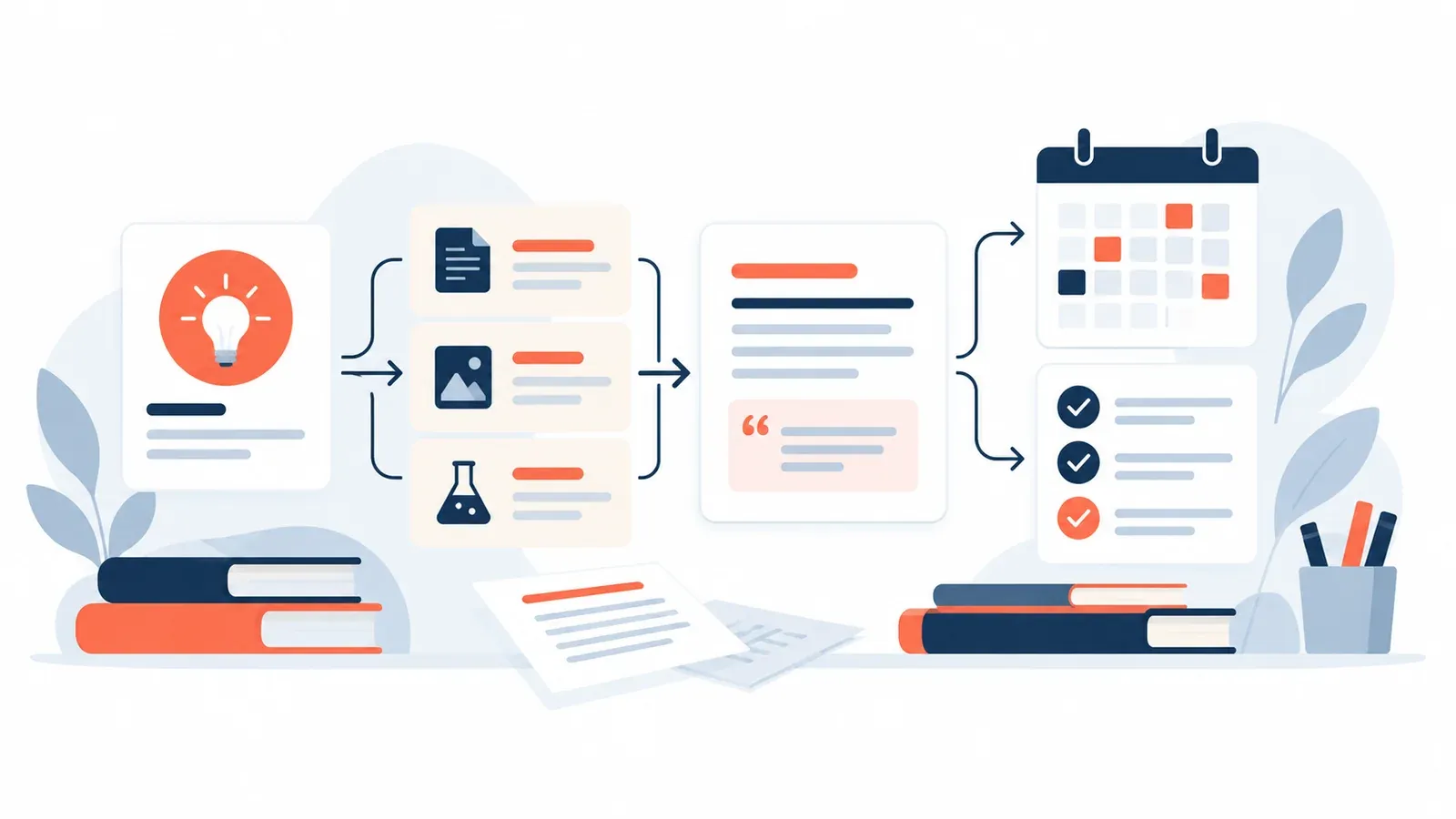 Illustration for the answer-evidence planner tool: a planner board with cards, a calendar and a progress checklist