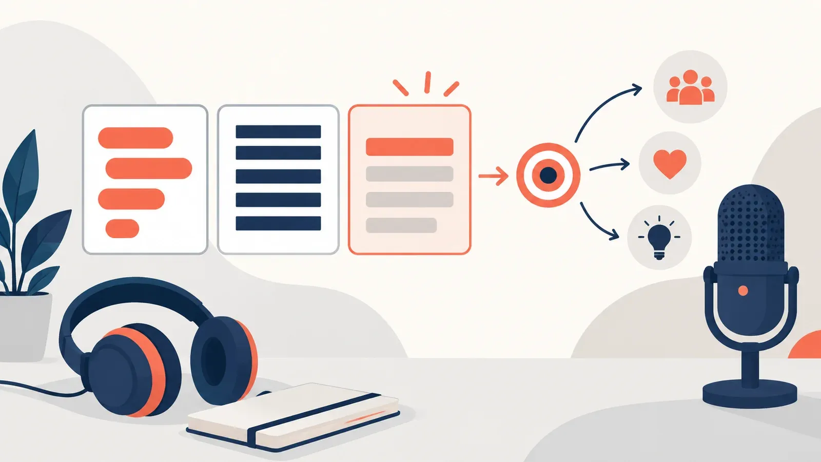 Illustration for the audience register and purpose planner tool: blocks of text with highlights, headphones and a microphone
