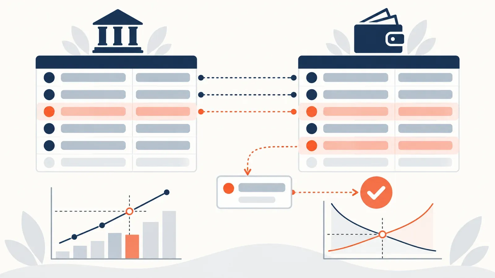 Illustration for the bank reconciliation walkthrough tool: a ledger table, a break-even chart and supply and demand curves