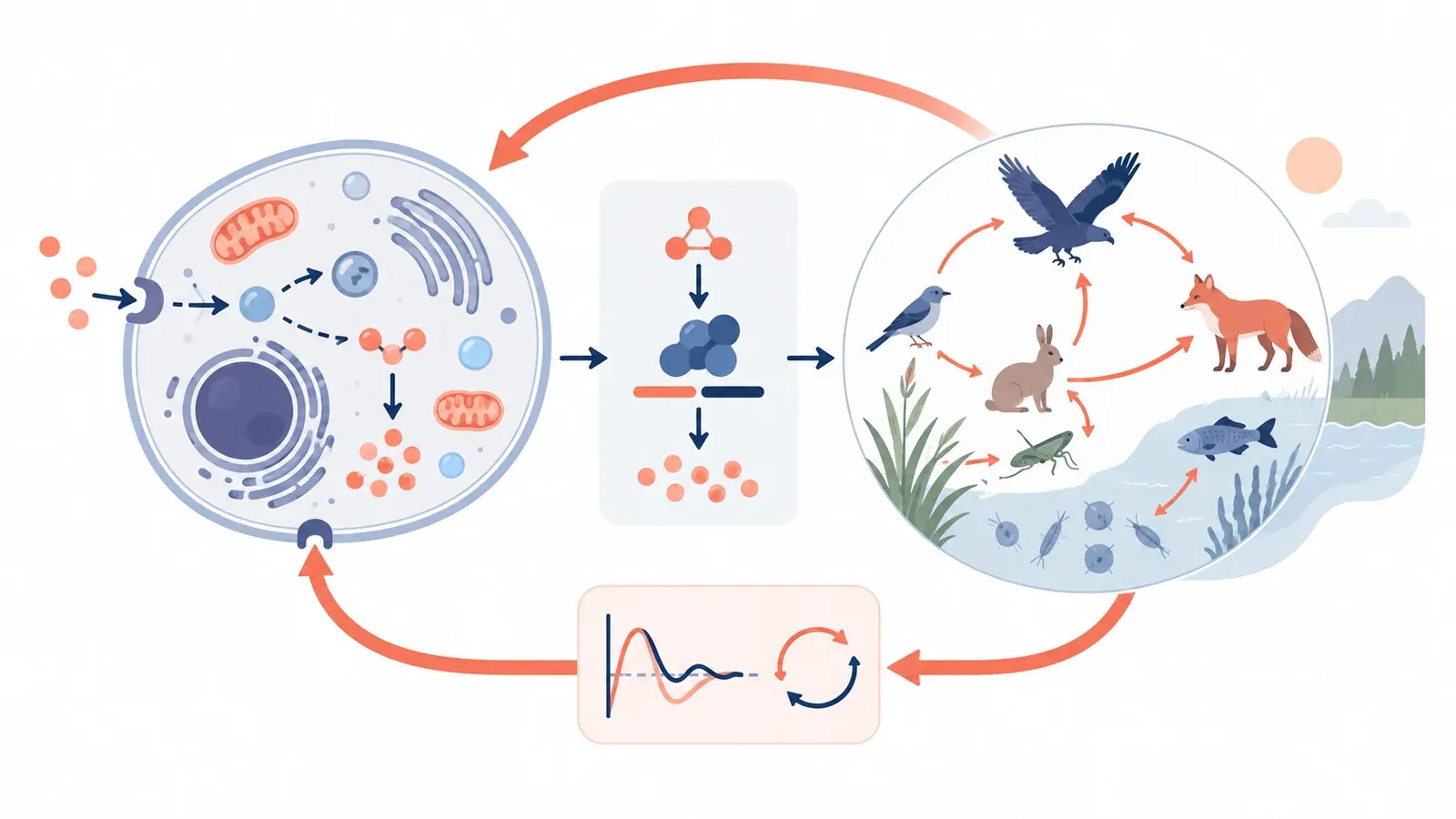 Illustration for the biological mechanism and feedback builder tool: a cell diagram, a food web and a feedback-loop arrow