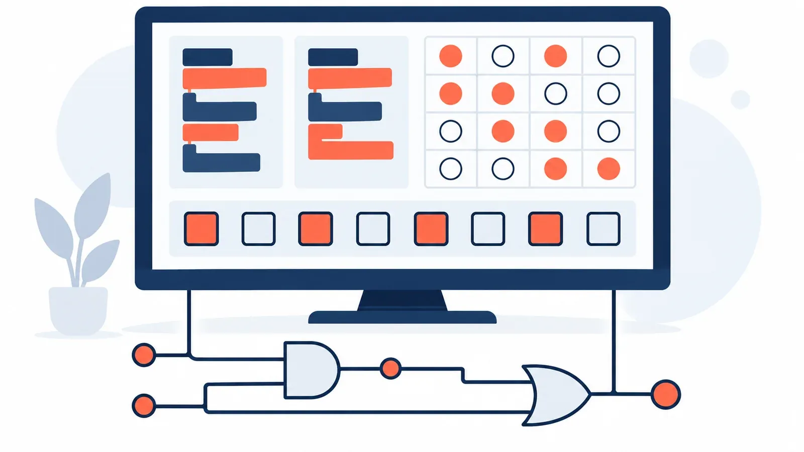 Illustration for the truth table and binary converter tool: code blocks, a table grid and binary digits on a screen