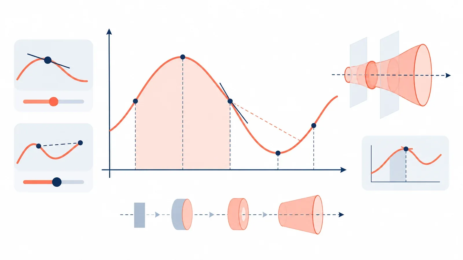 Illustration for the calculus shape and rate explorer tool: a graph panel with axes, a plotted curve and a geometry sketch