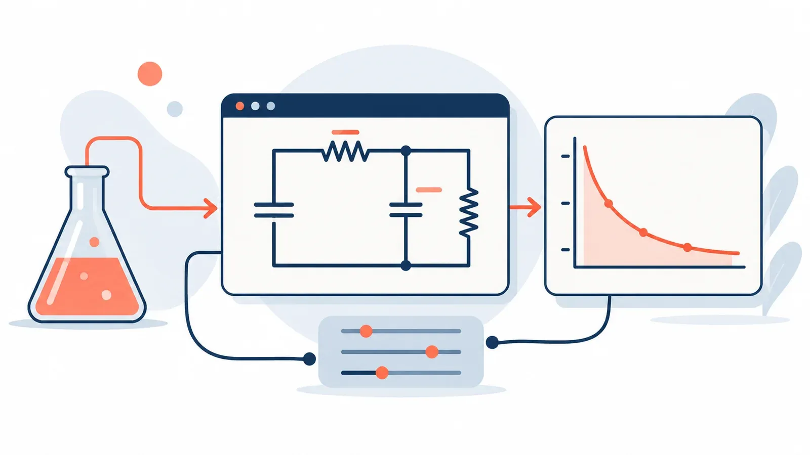 Illustration for the circuit reasoning simulator tool: a lab flask, a circuit diagram and a decay-curve graph
