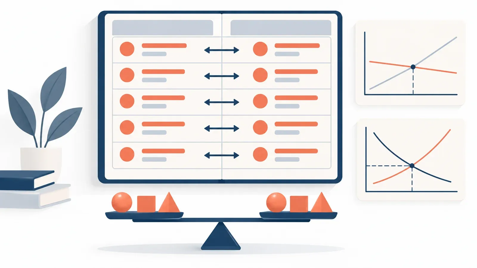 Illustration for the double-entry and ledger trainer tool: a ledger table, a break-even chart and supply and demand curves