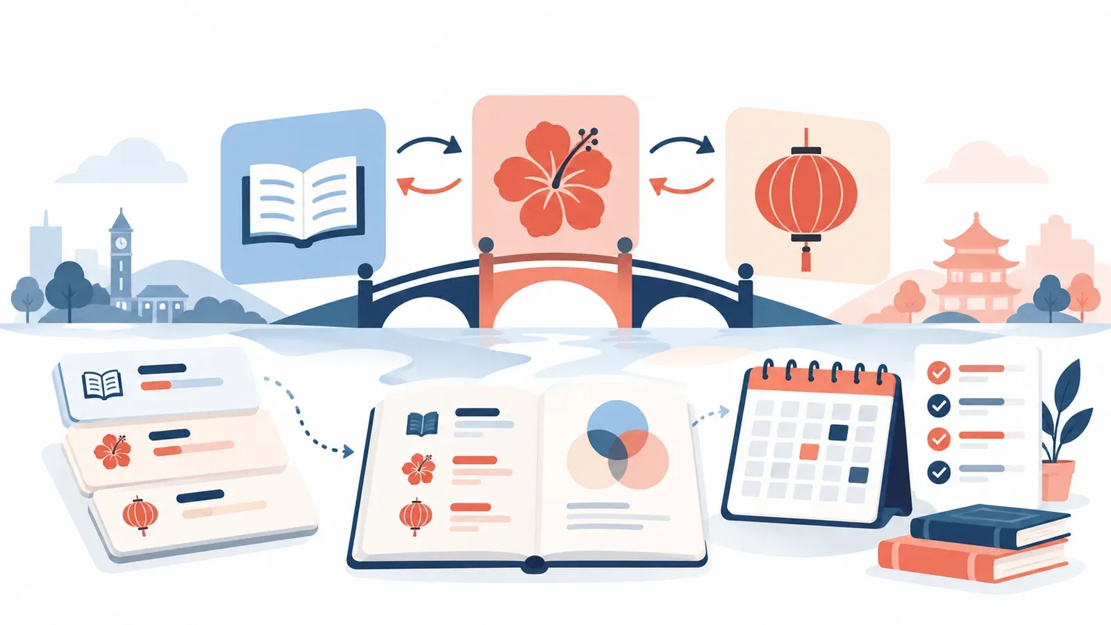Illustration for the english-BM-Chinese concept bridge tool: a planner board with cards, a calendar and a progress checklist