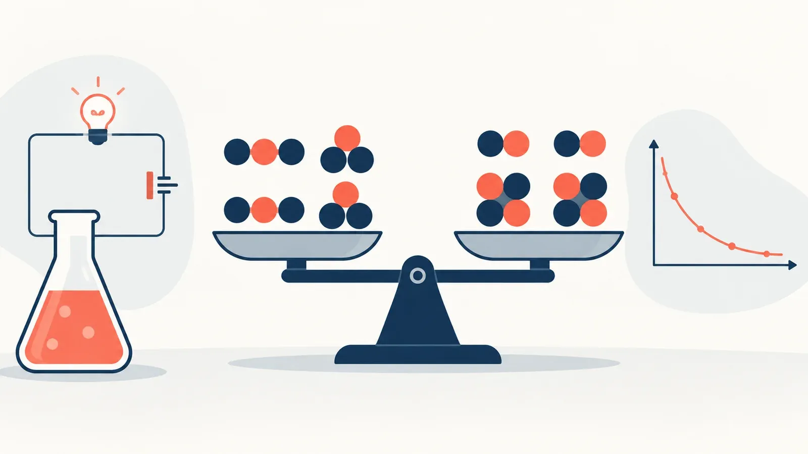 Illustration for the equation balance reasoning trainer tool: a lab flask, a circuit diagram and a decay-curve graph