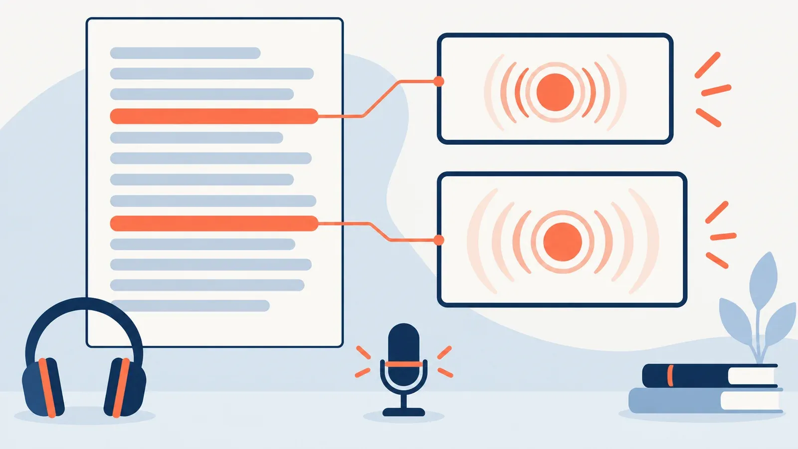 Illustration for the evidence and writer-effect organiser tool: blocks of text with highlights, headphones and a microphone