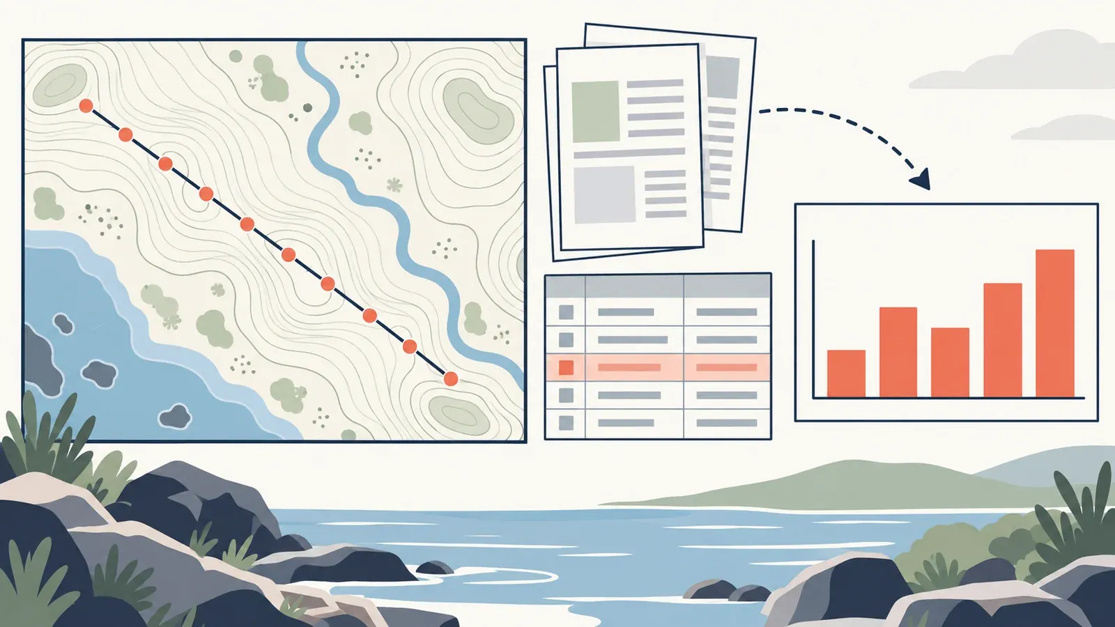 Illustration for the fieldwork sample and graph planner tool: a contour map, a stack of source documents and an evidence ledger