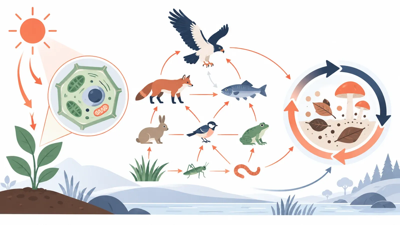 Illustration for the food-web and energy-flow explorer tool: a cell diagram, a food web and a feedback-loop arrow