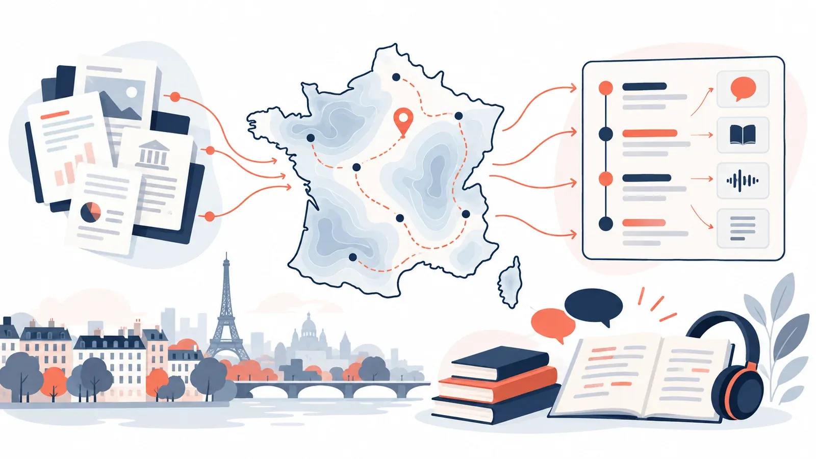 Illustration for the french speaking rehearsal planner tool: a contour map, a stack of source documents and an evidence ledger
