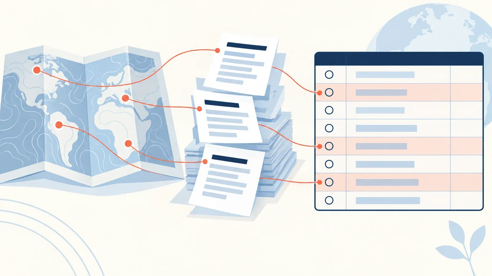 Illustration for the global Perspectives evidence ledger tool: a contour map, a stack of source documents and an evidence ledger
