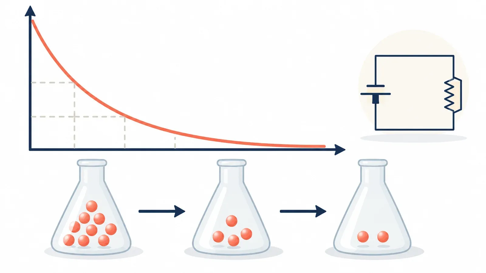Illustration for the half-life model explorer tool: a lab flask, a circuit diagram and a decay-curve graph
