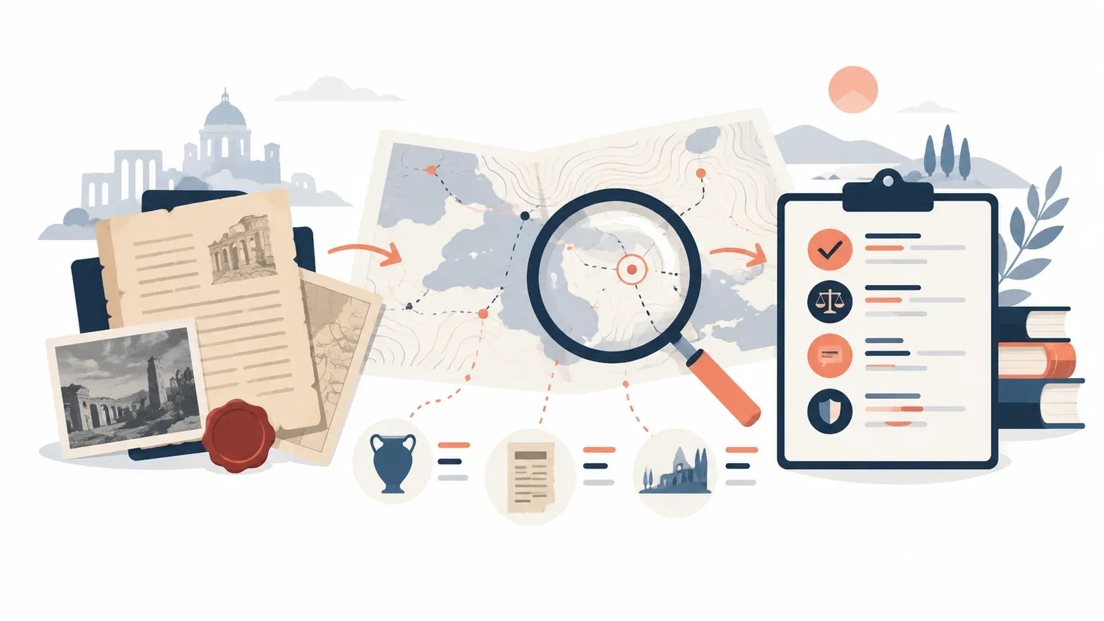 Illustration for the history source-analysis self-check tool: a contour map, a stack of source documents and an evidence ledger