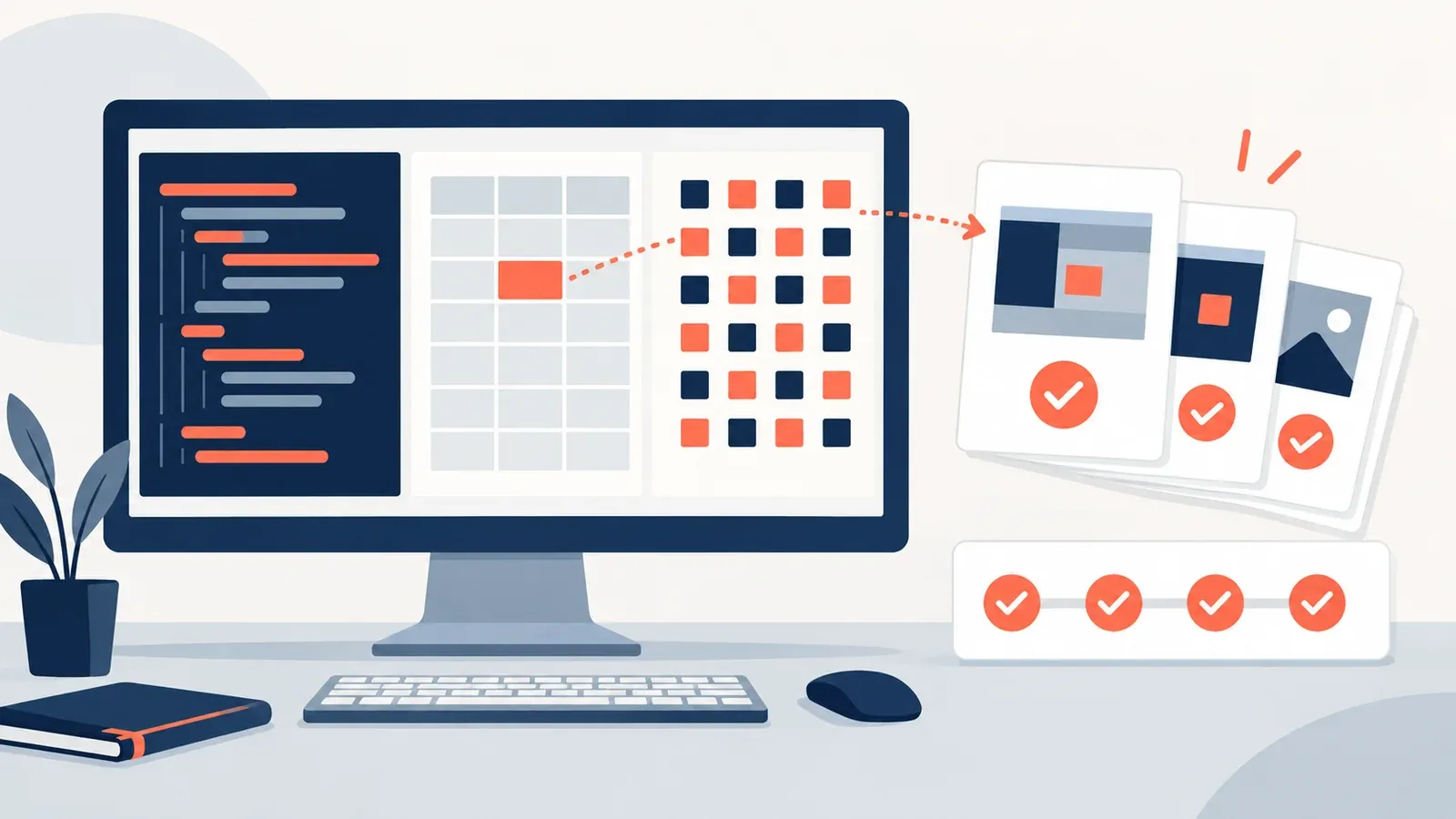 Illustration for the iCT practical task and evidence checker tool: code blocks, a table grid and binary digits on a screen