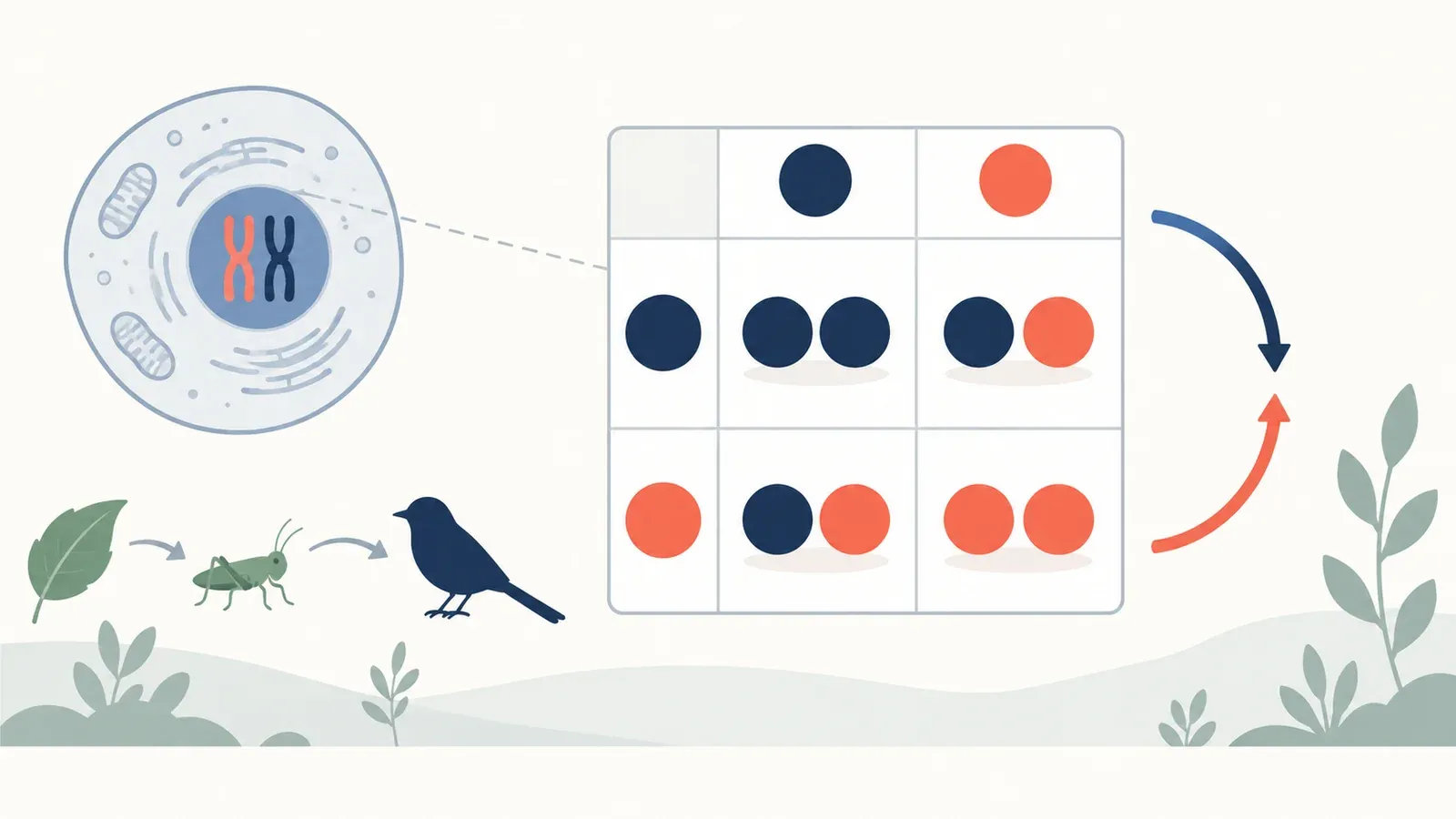 Illustration for the inheritance model board tool: a cell diagram, a food web and a feedback-loop arrow