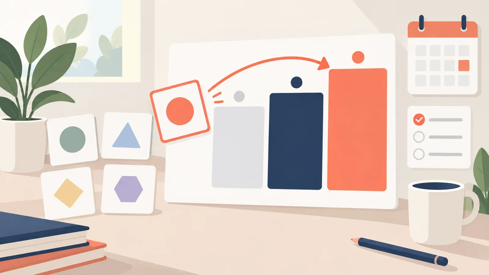 Illustration for the subject priority worksheet tool: a planner board with cards, a calendar and a progress checklist