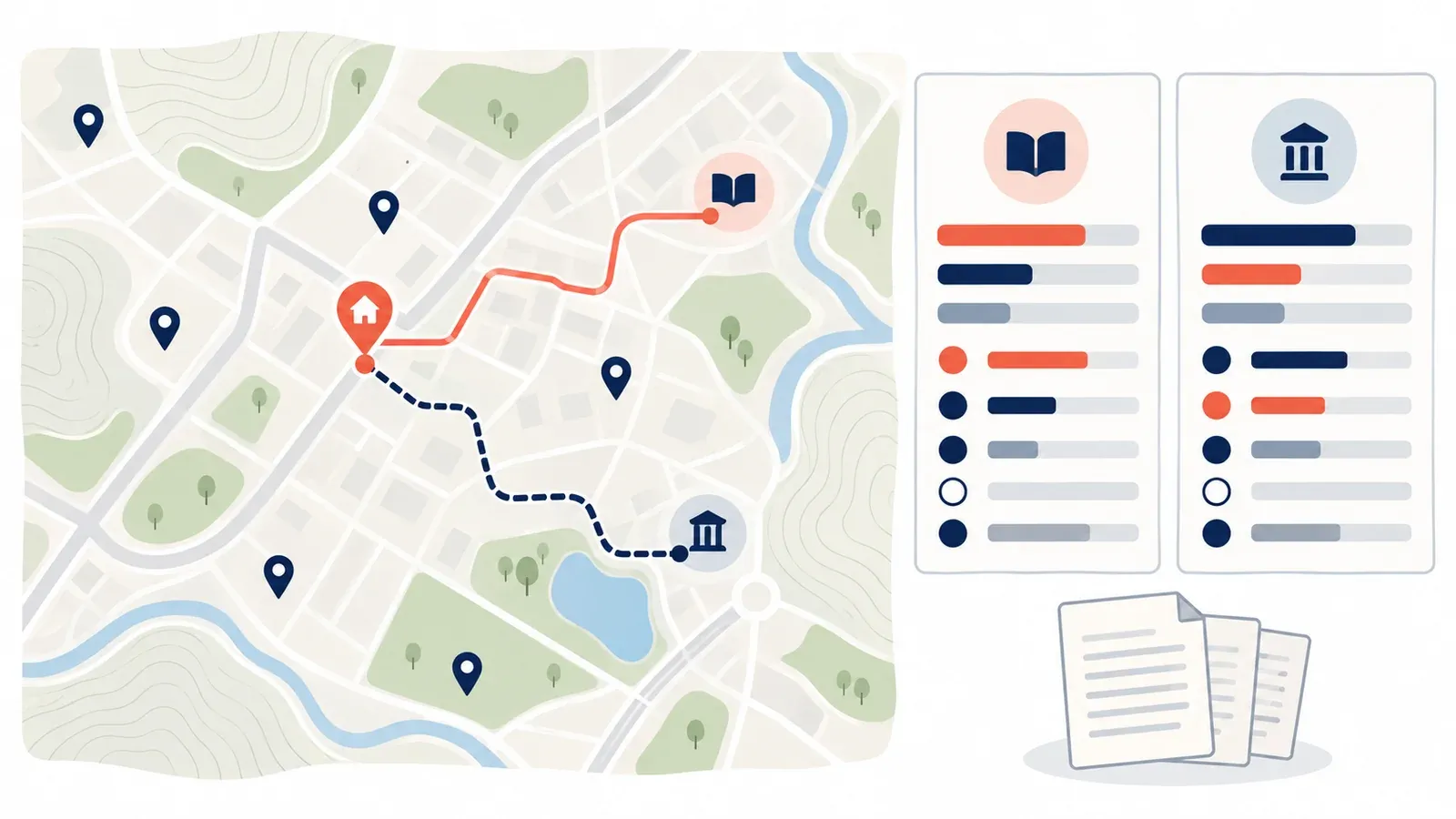 Illustration for the local study-access comparison tool: a contour map, a stack of source documents and an evidence ledger