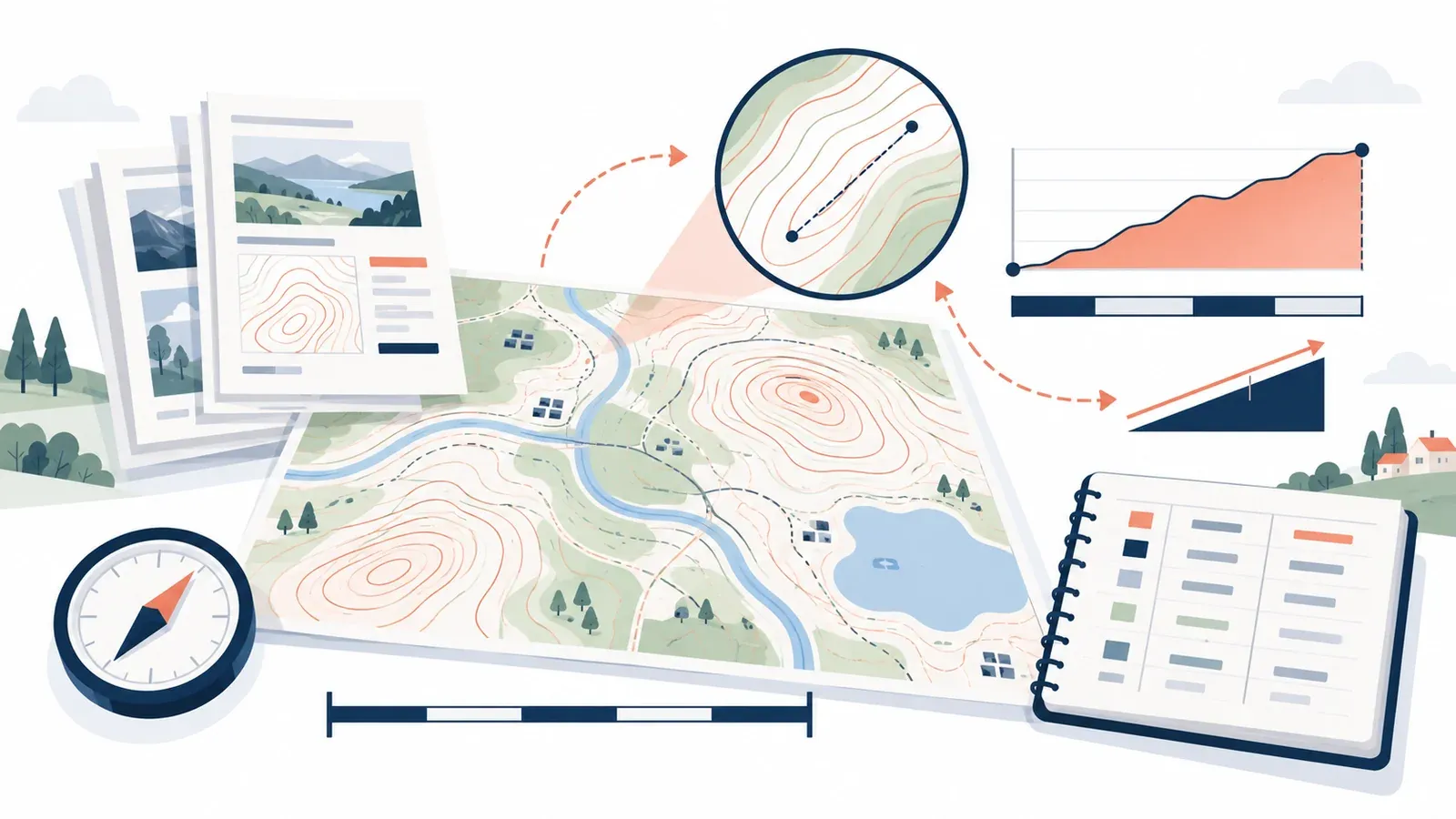 Illustration for the map scale, contour and gradient practice tool: a contour map, a stack of source documents and an evidence ledger