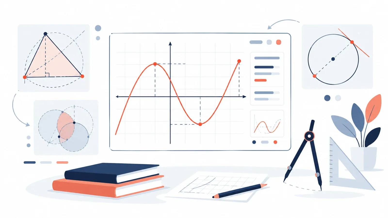Illustration for the mathematical investigation workspace tool: a graph panel with axes, a plotted curve and a geometry sketch