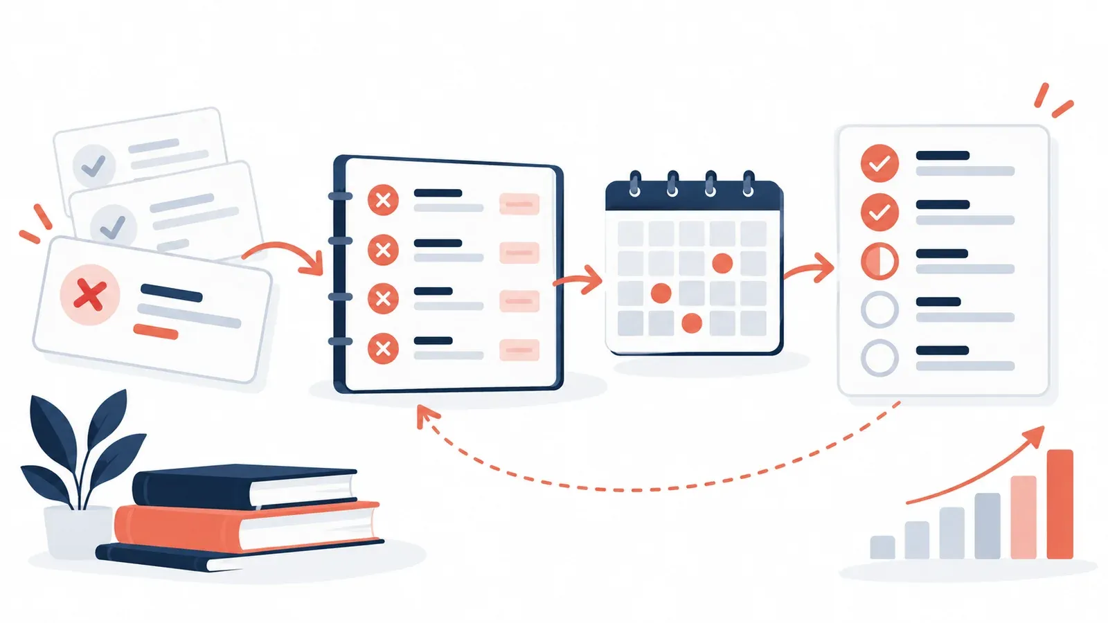 Illustration for the mistake log and retest queue tool: a planner board with cards, a calendar and a progress checklist