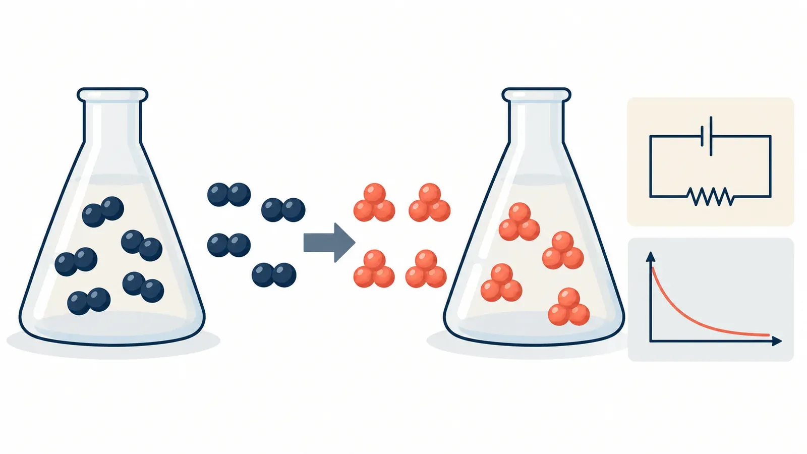 Illustration for the mole and equation-ratio tutor tool: a lab flask, a circuit diagram and a decay-curve graph