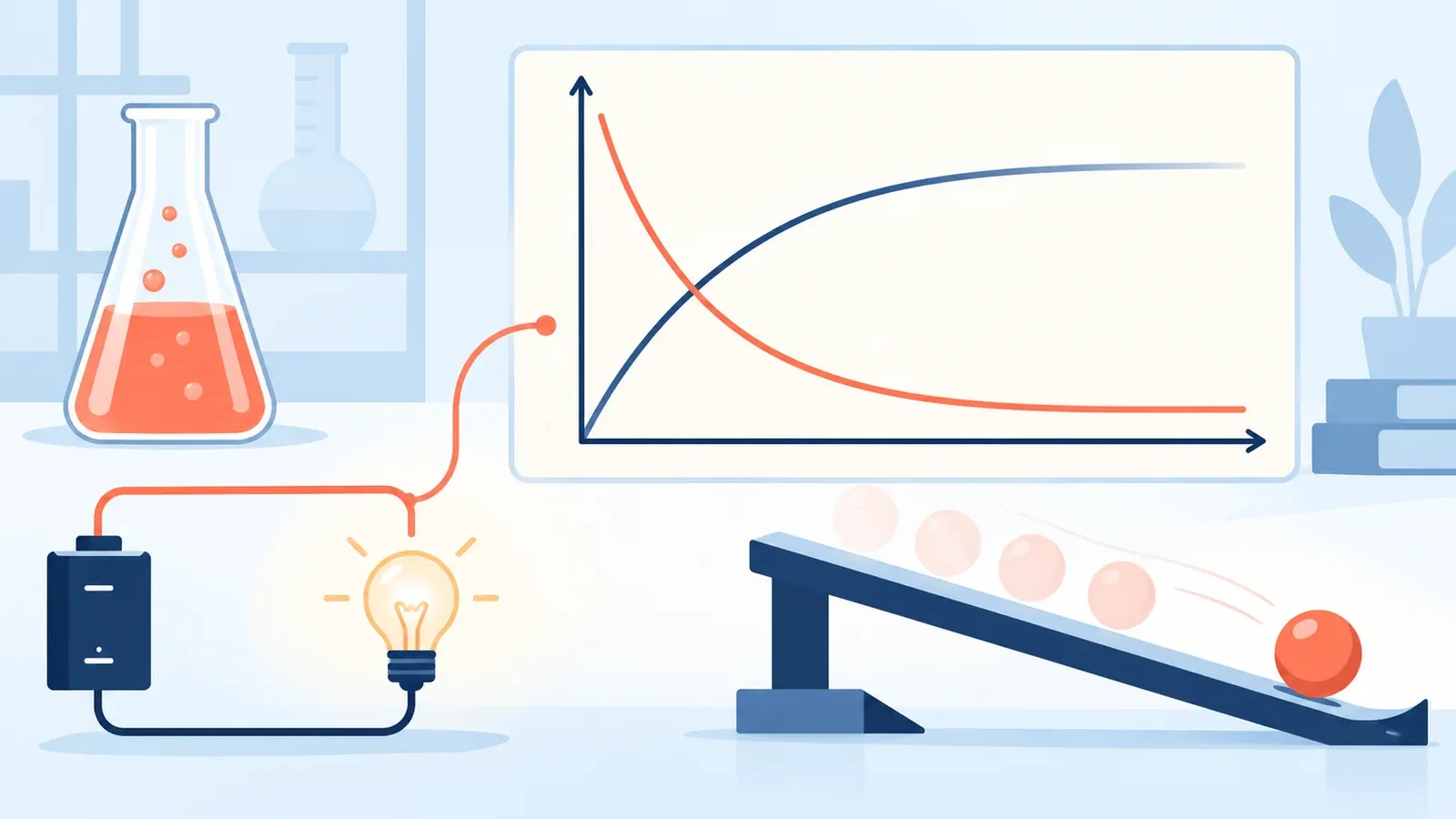 Illustration for the motion and energy graph explorer tool: a lab flask, a circuit diagram and a decay-curve graph