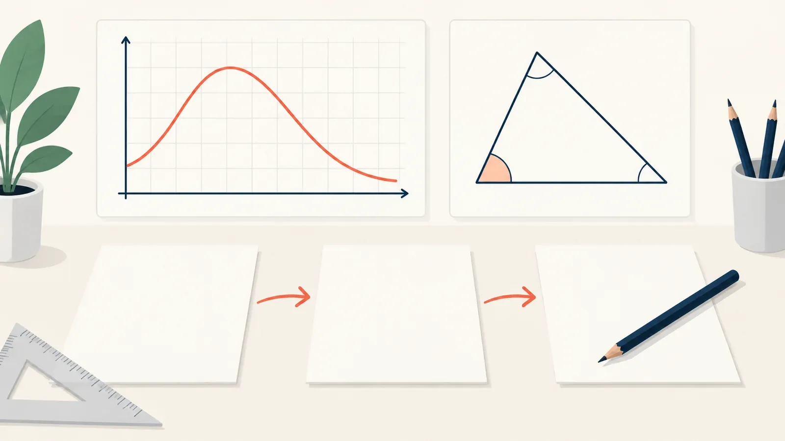 Illustration for the non-calculator working trainer tool: a graph panel with axes, a plotted curve and a geometry sketch