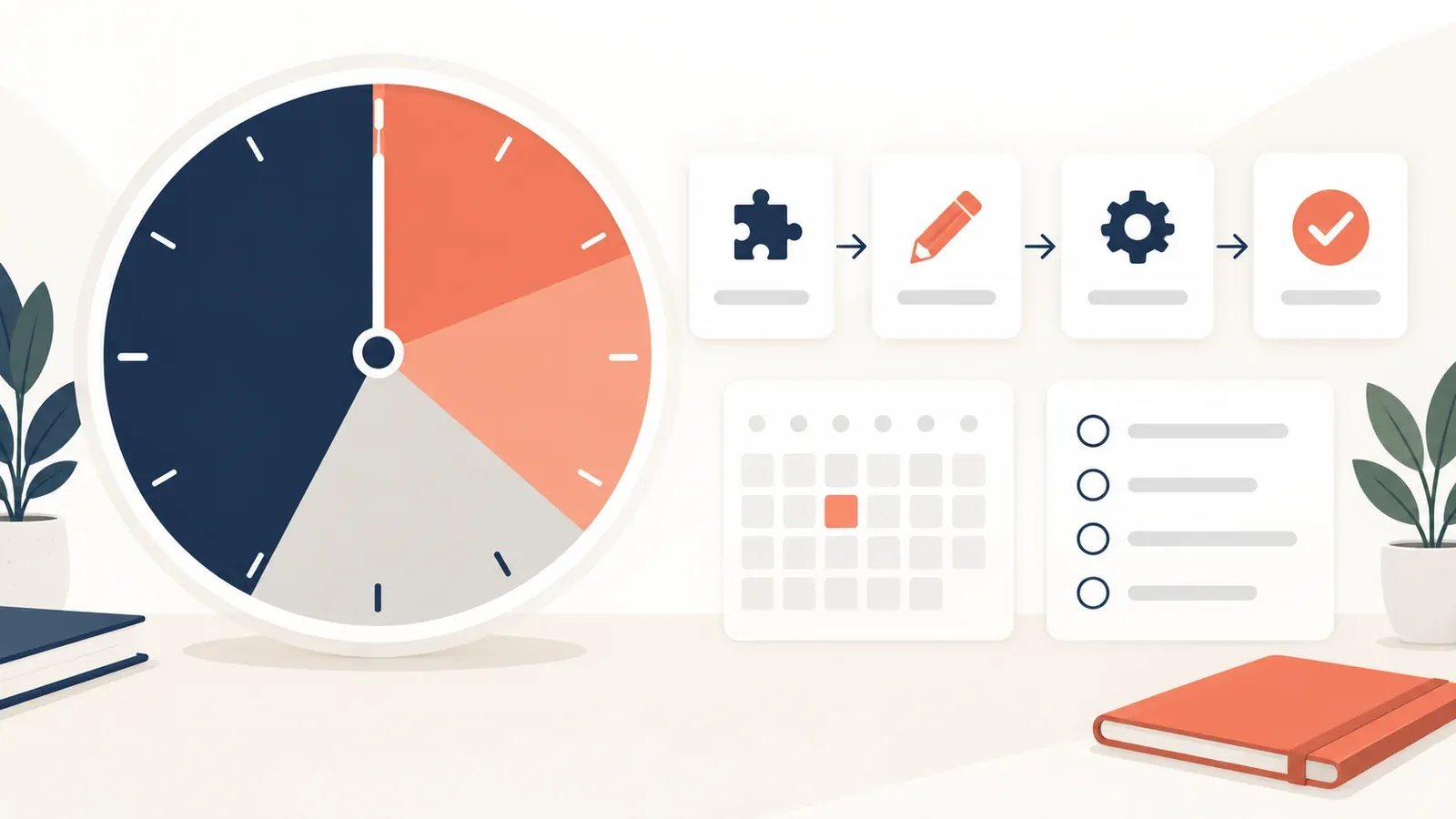 Illustration for the one-hour trial agenda builder tool: a planner board with cards, a calendar and a progress checklist