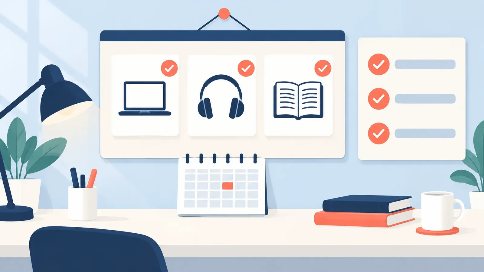 Illustration for the online-lesson readiness check tool: a planner board with cards, a calendar and a progress checklist