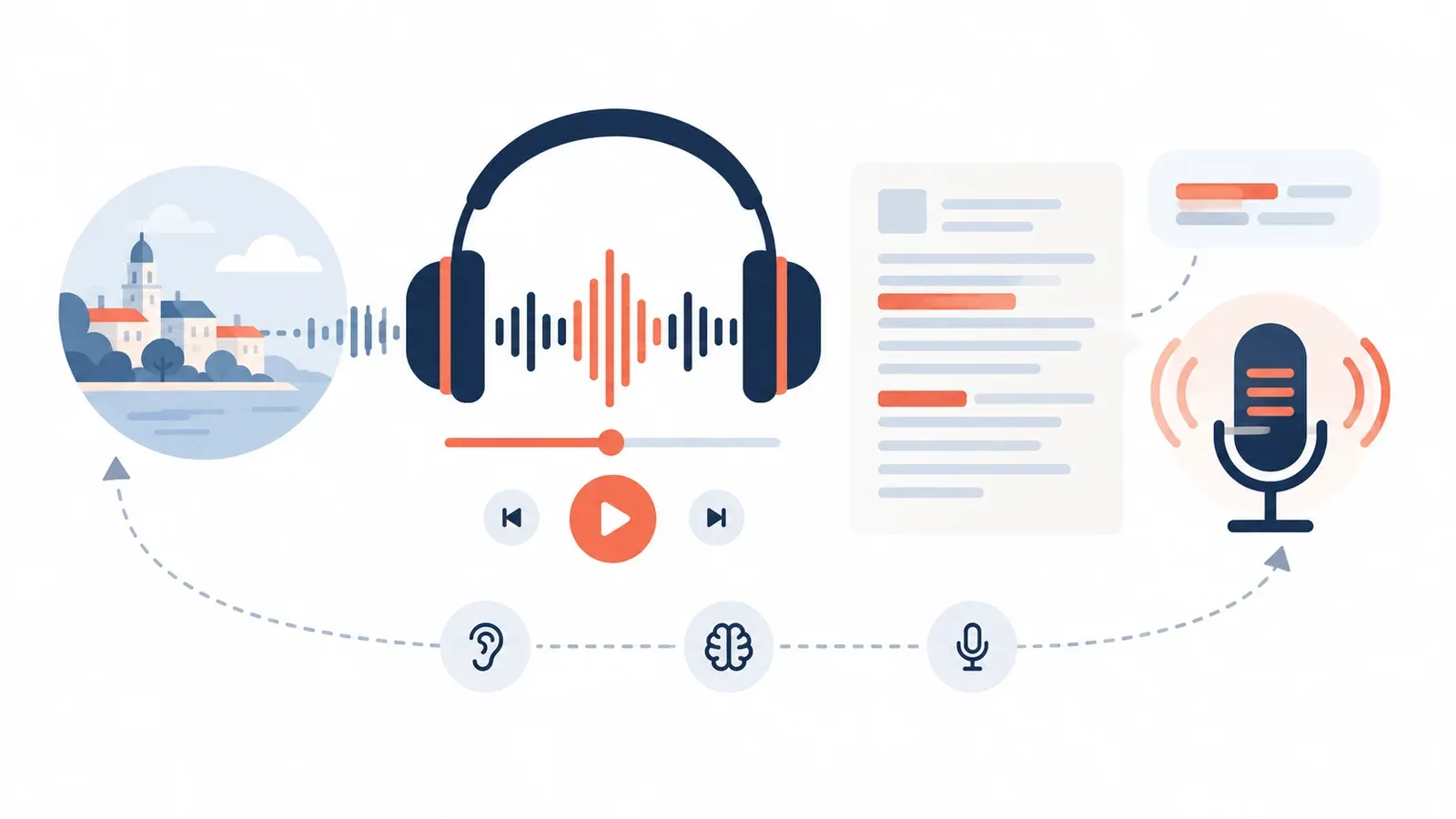Illustration for the original listening practice player tool: blocks of text with highlights, headphones and a microphone