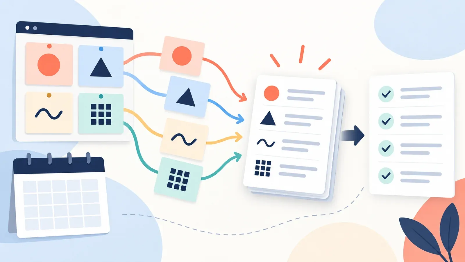 Illustration for the original mixed-practice builder tool: a planner board with cards, a calendar and a progress checklist