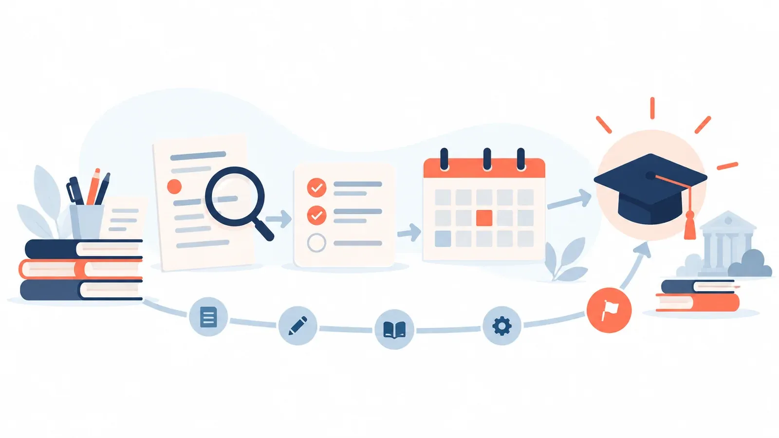 Illustration for the private-candidate readiness checklist tool: a planner board with cards, a calendar and a progress checklist