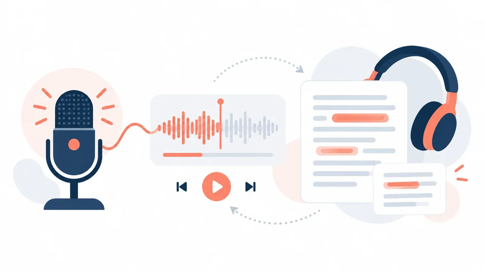 Illustration for the private speaking recorder and review tool: blocks of text with highlights, headphones and a microphone