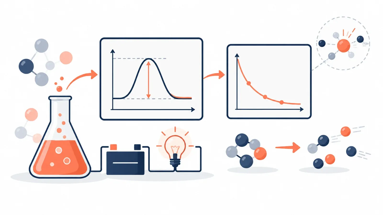Illustration for the rate and energy graph interpreter tool: a lab flask, a circuit diagram and a decay-curve graph