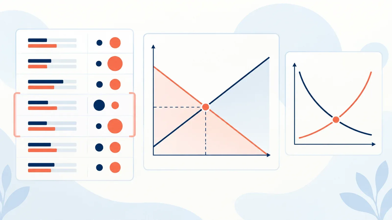 Illustration for the ratios with interpretation limits tool: a ledger table, a break-even chart and supply and demand curves