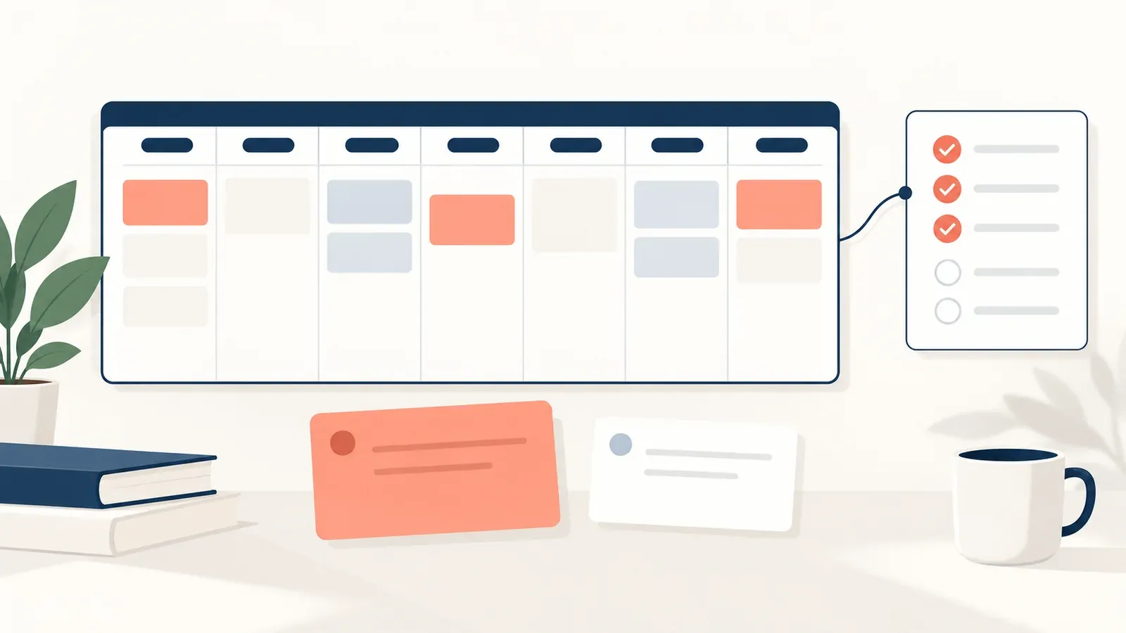 Illustration for the realistic revision planner tool: a planner board with cards, a calendar and a progress checklist