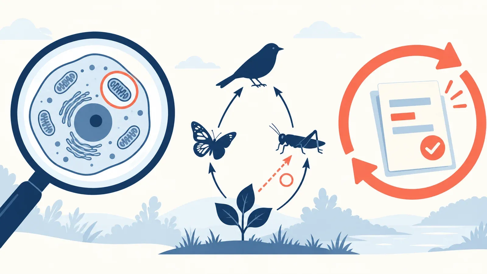 Illustration for the scientific investigation critic tool: a cell diagram, a food web and a feedback-loop arrow